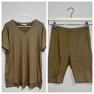 Zenana khaki T-Shirt & Biker Shorts Set